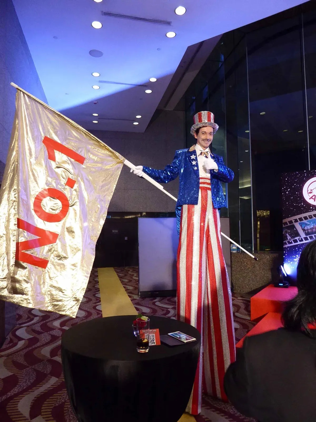 American Uncle sam on stilts for Hong Kong cocktail before gala dinner