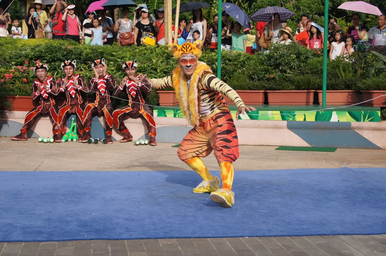 Tiger character leading the Bamboo Jam circus troupe in an outdoor show in Hong Kong