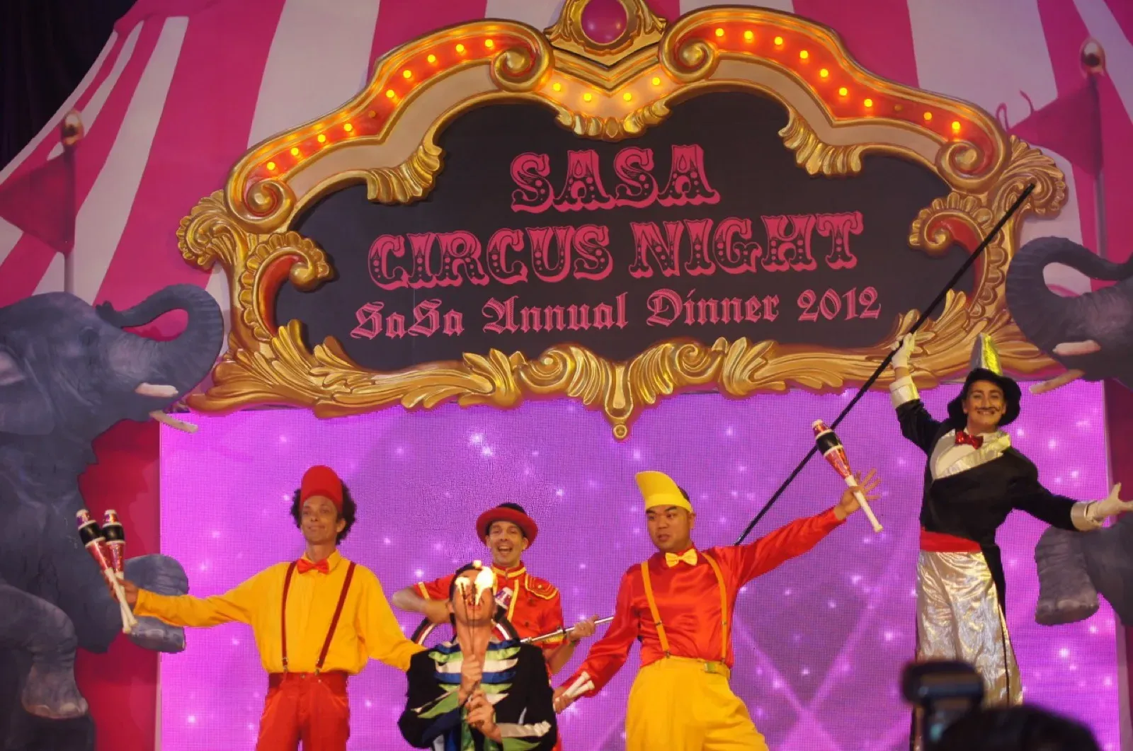 Circus performers on stage at the Sasa Circus Night Christmas annual dinner in Hong Kong