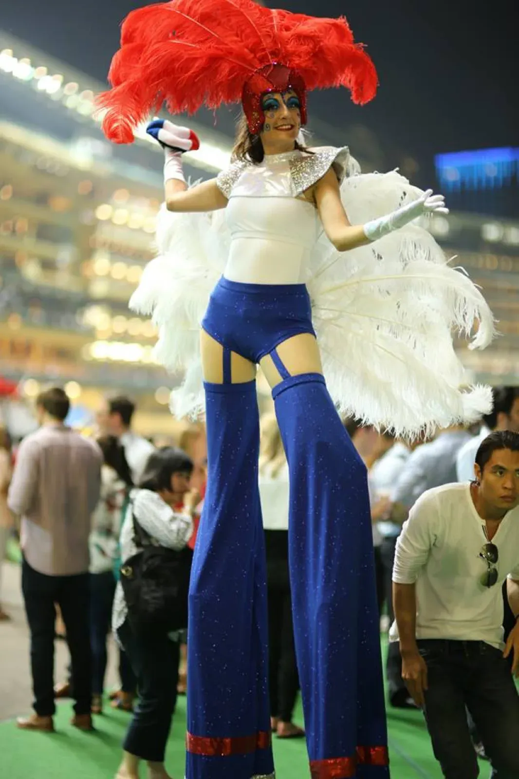 French feathers tricolor stilts-walker for Hong Kong racecourse entertainment