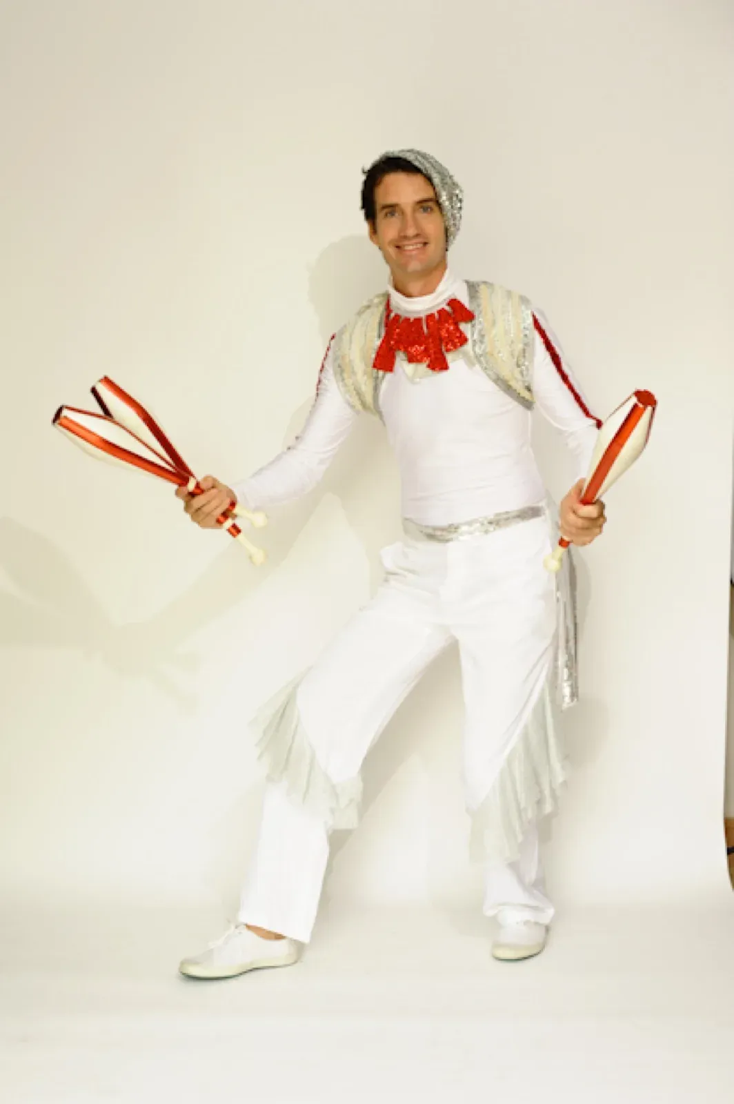 HOng Kon red, silver & white elegant costume for juggling performer