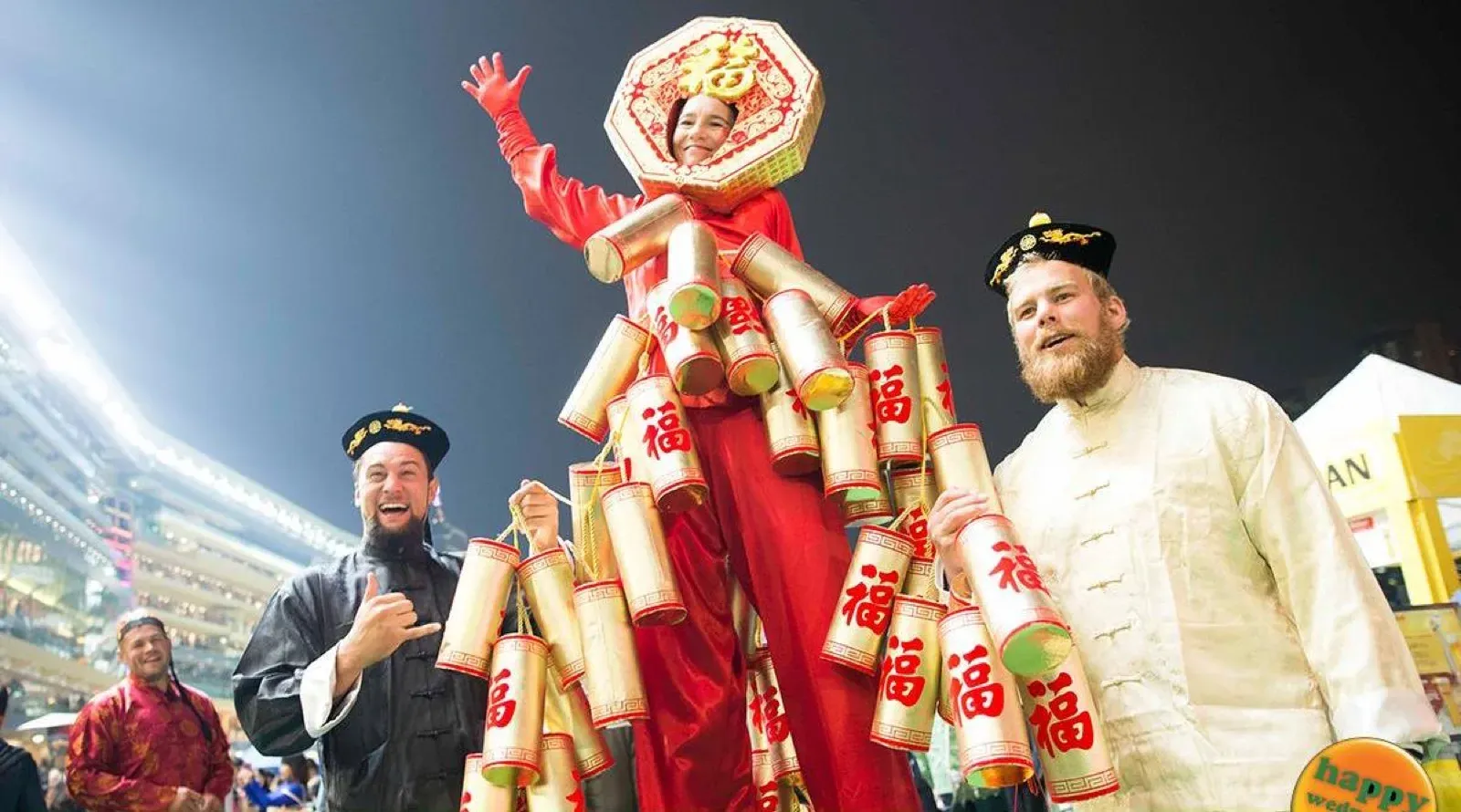 Firecracker stilts walker at the Hong Kong racecourse for Chinese New Year