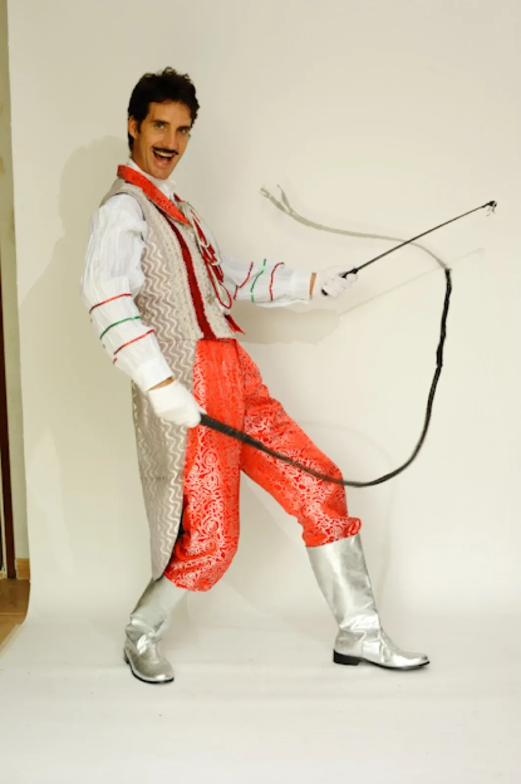 HOng Kong red & silver costume with boots to hire for party event