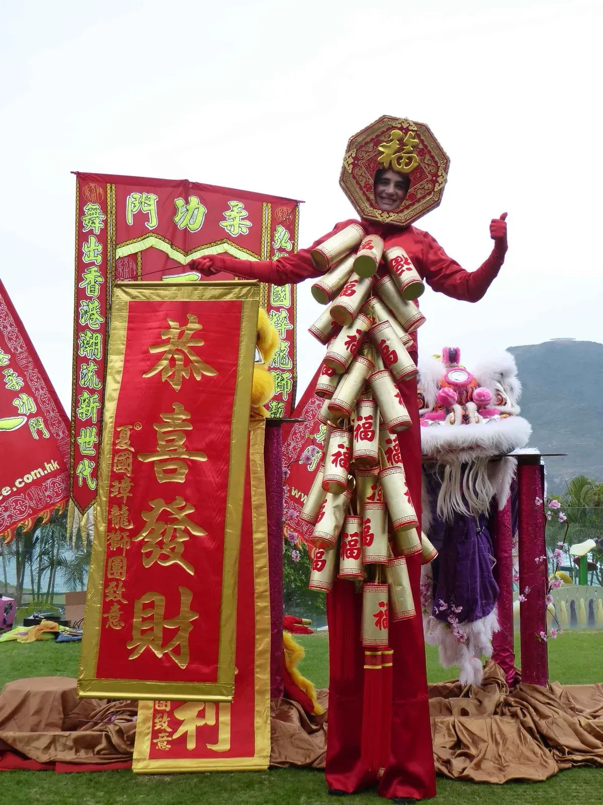 Firecracker stilts walker character for a CNY mall event in Hong Kong