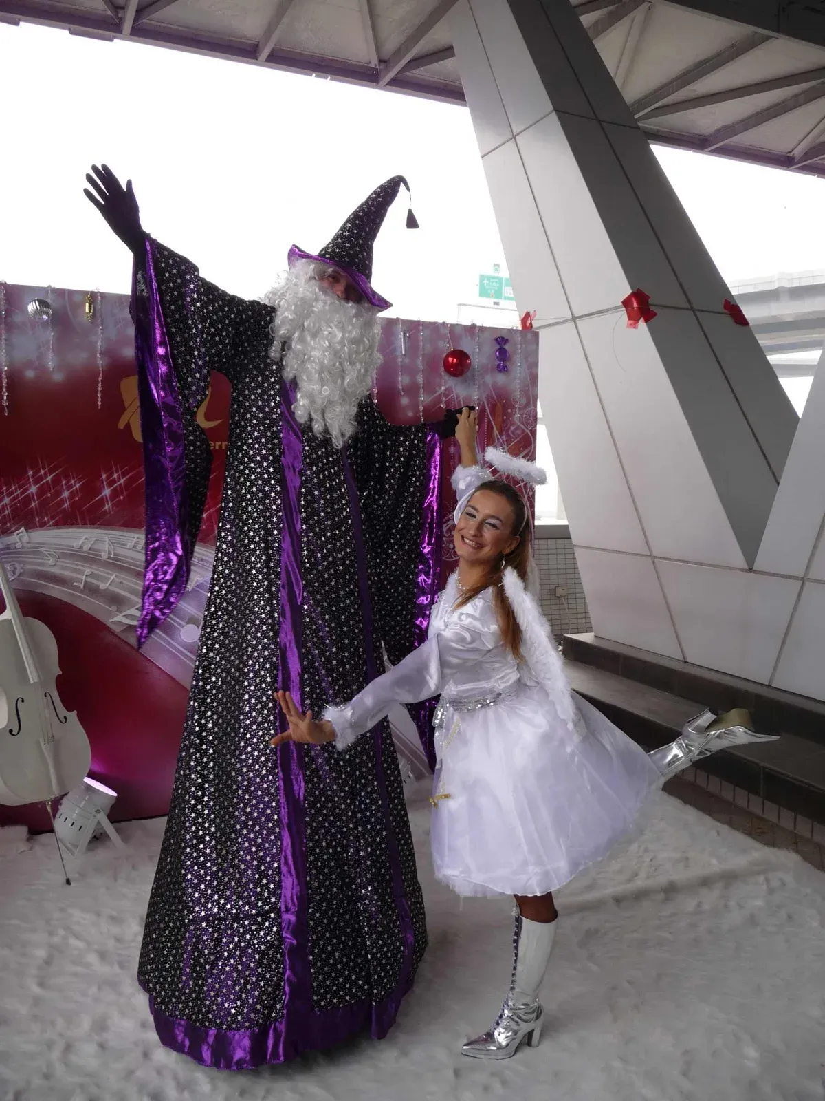 Hong Kong wizard on stilts & white angel performer for corporate party event