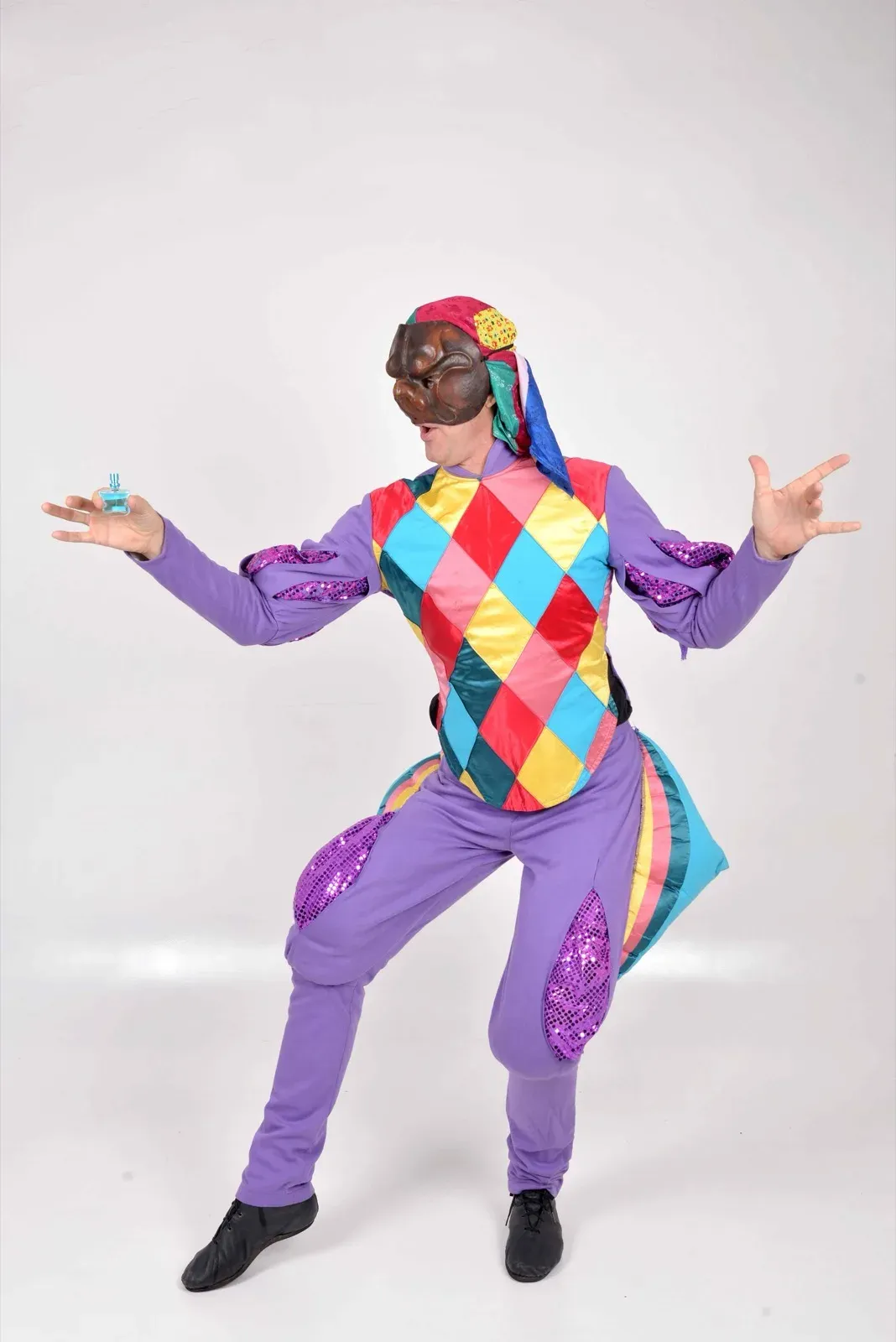 Macau colorful jester costume performer with mask
