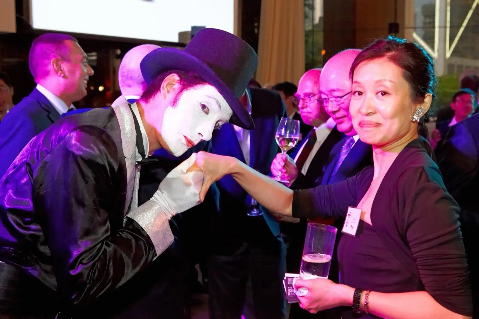 Macau mime entertainer interacts with guests for Hong Kong event