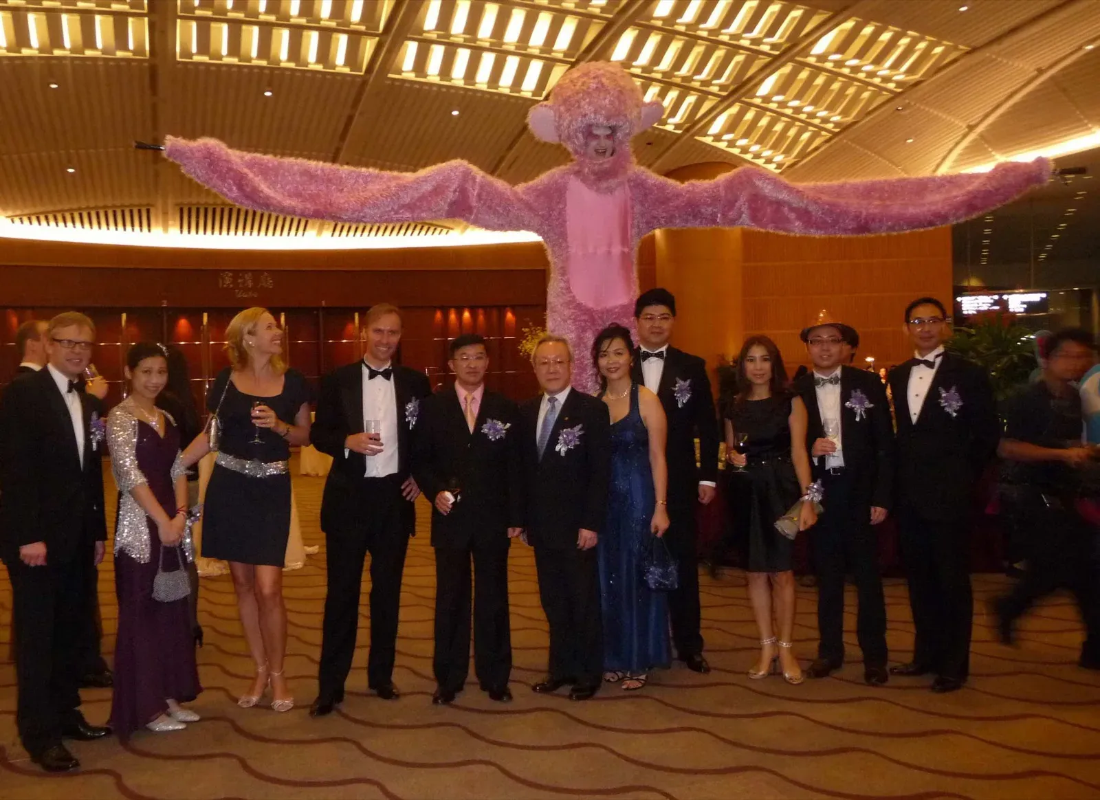 Pink fur animal stilts walker in hong kong entertain cocktail party event