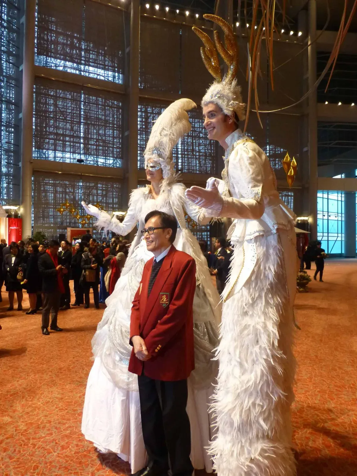 White stilts walker entertainers in hong kong with elegant stylish costumes