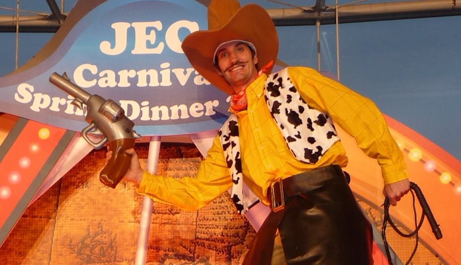 AMERICAN COW BOY ON STILTS IN HONG KONG